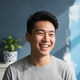 Headshot of a smiling young adult of East Asian descent, looking genuinely happy against a soft blue background.