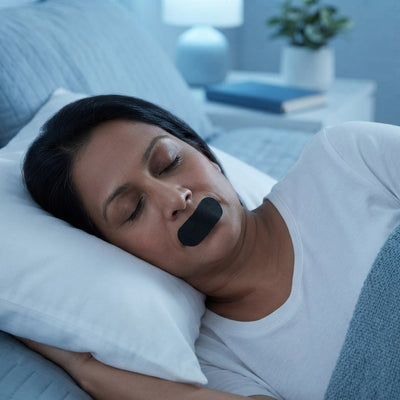 A person sleeping soundly with a discreet adhesive mouth tape applied to encourage nasal breathing in a calm bedroom setting.
