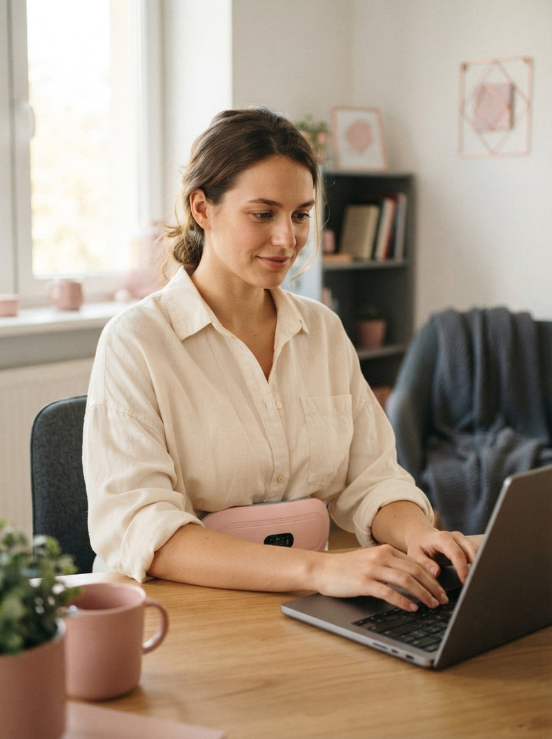 A woman working at her laptop while wearing a discreet heating and massage belt under her clothes for menstrual pain relief.