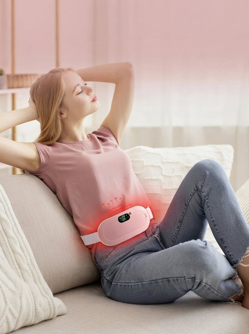 An electric waist massager belt packed in a gym bag alongside a yoga mat and water bottle on a wooden floor.