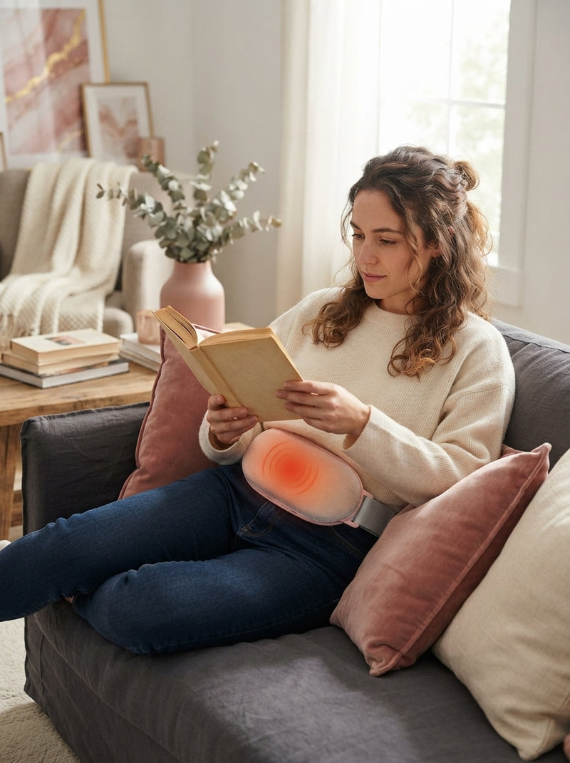 A woman relaxes on a sofa reading a book while wearing a glowing electric heating massage belt around her waist.