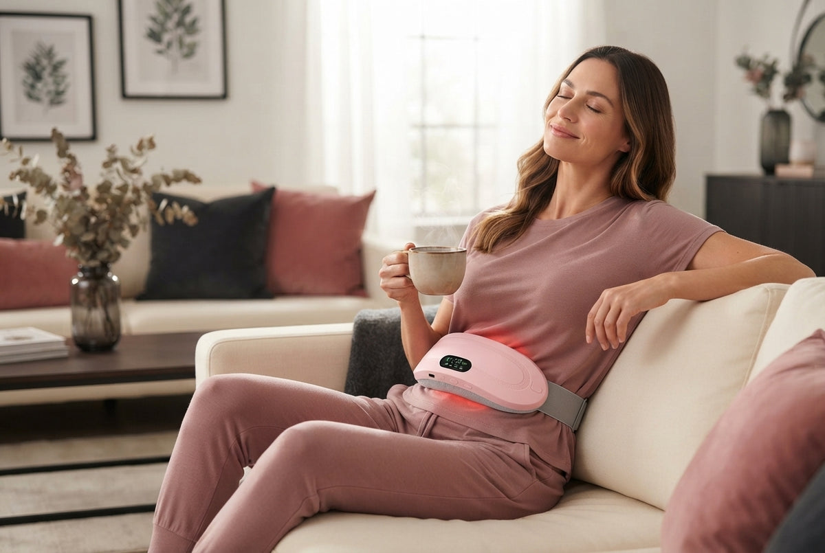 A woman wearing a waist heating and massage belt while sitting on a cream sofa, conveying comfort and relief.